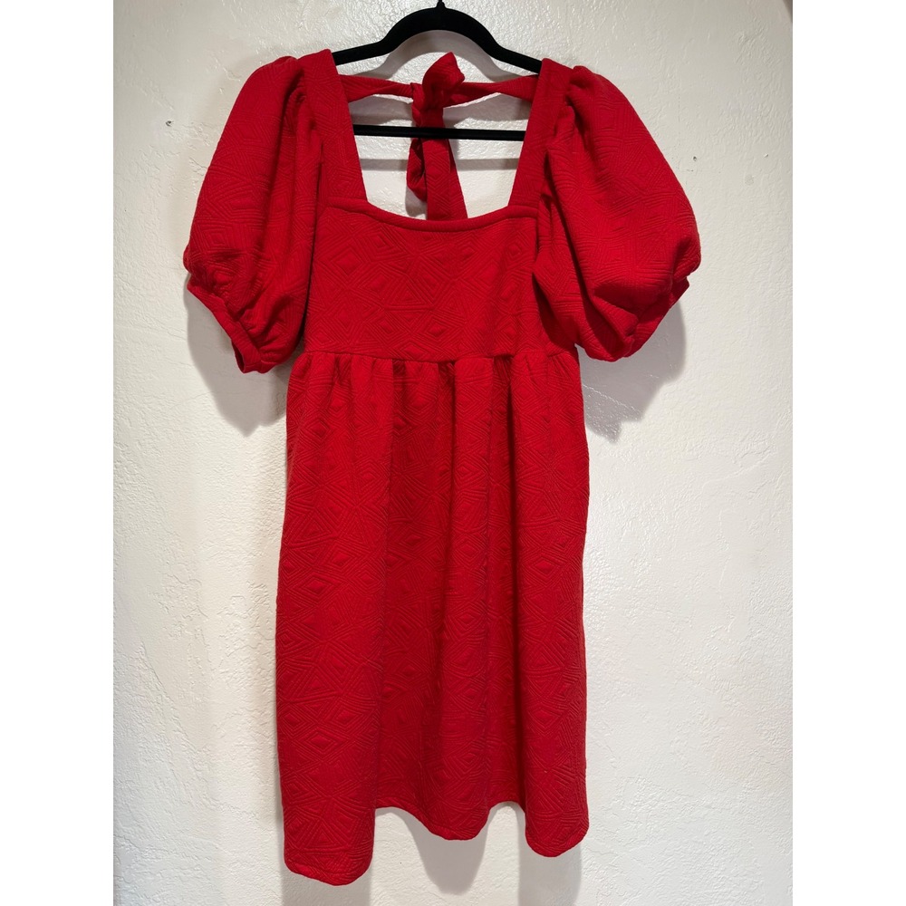 Listicle Red Quilted Puff Sleeve Mini Dress Tie Back Square Neck Pockets Small